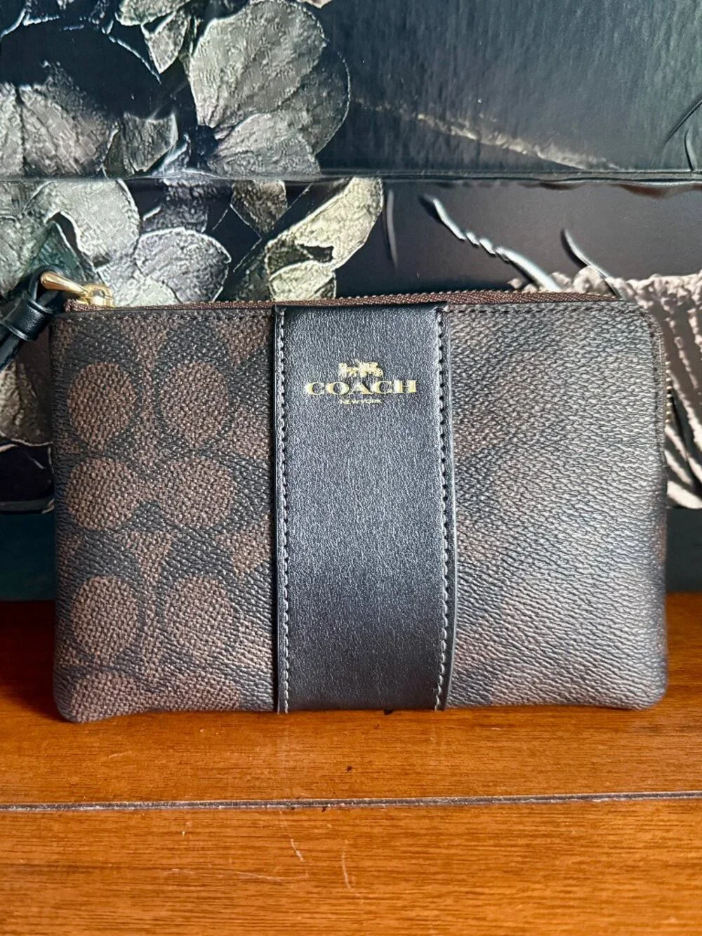 NEW Coach Dark Brown Corner Zip Wristlet with Gold Logo
